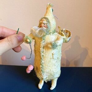 Vintage Folk Art Spun Cotton Santa Figure Ornament Handmade Unique Rare Artisan